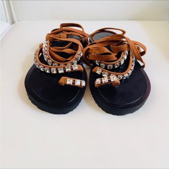 Giuseppe Zanotti Brown Suede Crystals Ankle Wrap Strap Suede Sandals 6 - Picture 8 of 9